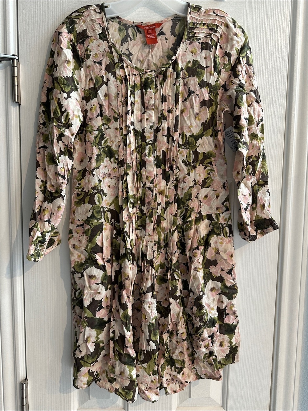 Sundance Pleated Pink Floral Dress Tunic XS Romantic Prairie Cottagecore Casual